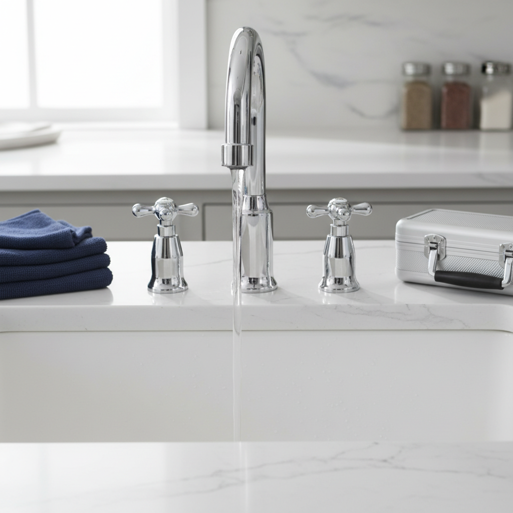 A gleaming chrome kitchen faucet with a precise, arched spout and cross-handle valves mounted on a spotless white porcelain sink, water flowing in a smooth, clear stream straight into the drain. The surrounding countertop is light gray quartz with subtle veining, neatly arranged with folded navy-blue microfiber towels and a small, closed toolbox. Soft, diffused daylight from an unseen window casts gentle reflections on the metal, creating a clean, professional atmosphere. Photographed at eye level with sharp focus on the faucet and a mild bokeh on the background fixtures, in a realistic, contemporary photographic style that suggests reliability and meticulous plumbing work.