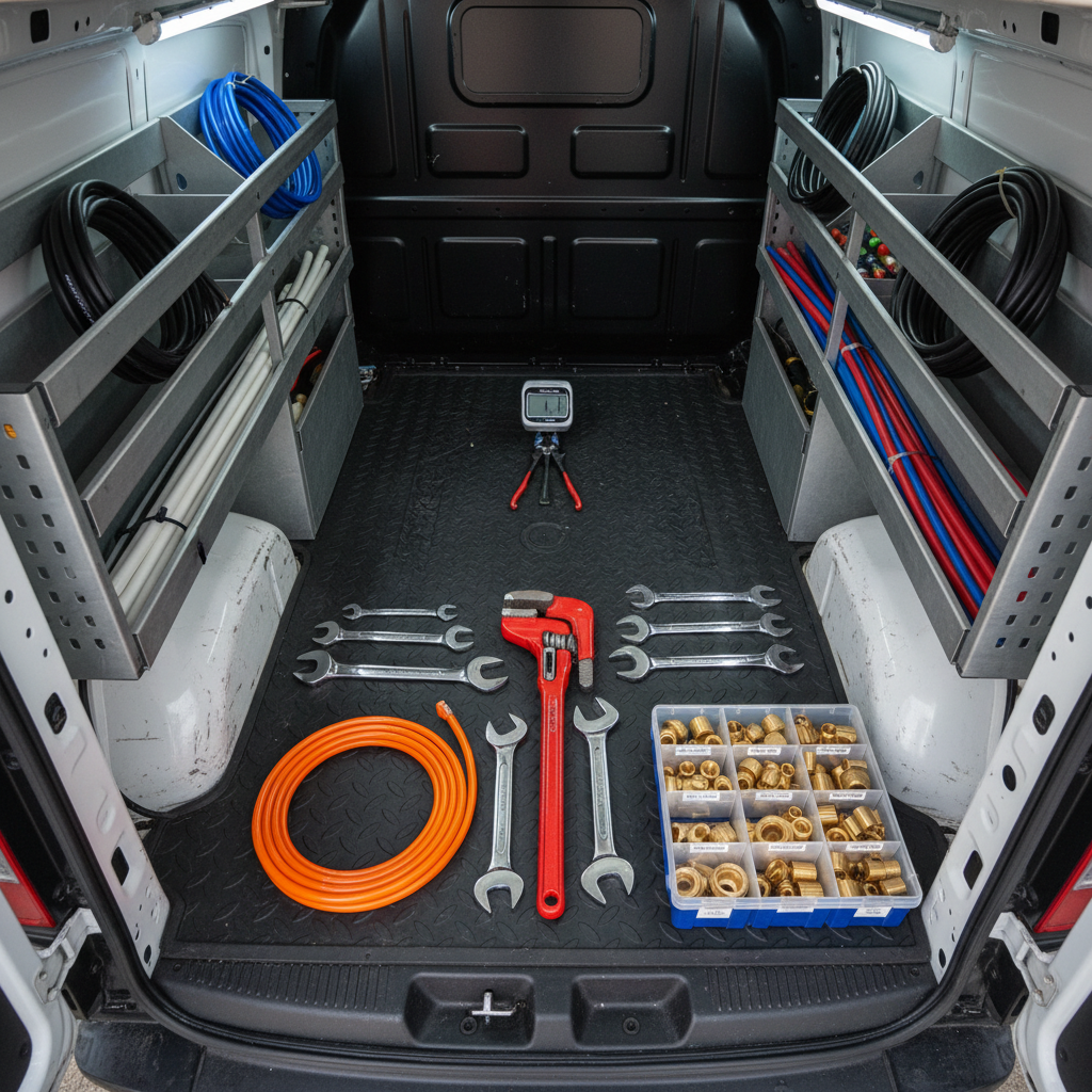 A dramatic overhead view of a neatly arranged plumber’s toolkit laid out on a dark rubber mat in the back of a clean service van. There is a bright red pipe wrench, adjustable spanners, a compact drain snake, brass fittings sorted into labeled compartments, and a digital pressure gauge, all in pristine condition. The van’s interior walls are lined with custom shelving holding coiled hoses and neatly bundled PEX tubing. Cool white LED strip lighting along the ceiling casts even, shadow-free illumination, highlighting every tool edge. The composition is symmetrical and organized, with sharp focus throughout, conveying professionalism, preparedness, and capability in a crisp, realistic photographic style.