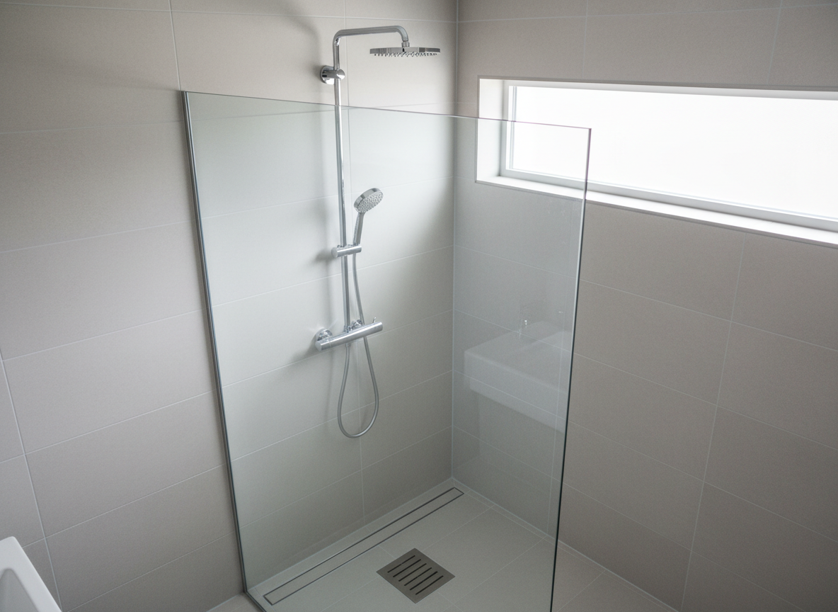 A clean, modern bathroom with a newly installed frameless glass shower enclosure, large-format light gray tiles, and a sleek chrome rainfall showerhead mounted on a perfectly aligned vertical riser pipe. Below, a minimalistic square drain is centered in the tiled floor, its stainless-steel grate spotless and aligned with the grout lines. Soft, natural daylight filters in from a frosted window, creating subtle highlights on the chrome and gentle reflections in the glass. Photographed from a slightly elevated corner angle, the entire shower area is in focus, emphasizing precise plumbing alignment and high-quality workmanship in a bright, contemporary photographic style that feels trustworthy and professional.