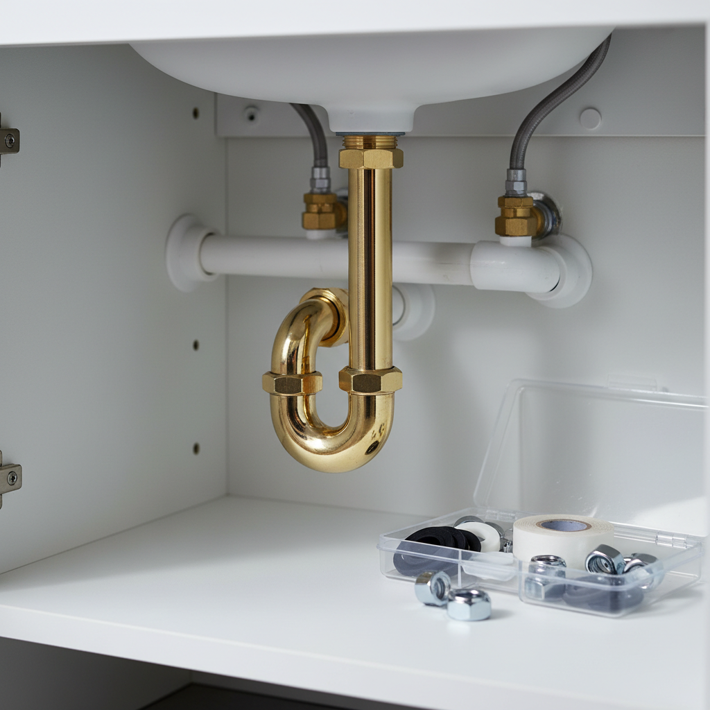 A close-up of a section of exposed PVC and copper piping beneath a bathroom sink, expertly joined with clean, precise fittings and a polished brass P-trap. The pipes run along the inside of a white cabinet with smooth surfaces and neatly drilled access holes, with a small, open plastic organizer tray containing new washers, Teflon tape, and gleaming chrome nuts. Cool, focused LED work-light illumination creates crisp highlights on metal surfaces and soft shadows within the cabinet. Shot from a low, slightly angled viewpoint with shallow depth of field, the foreground fittings in sharp focus, evoking a sense of careful, detail-oriented plumbing craftsmanship in a realistic photographic style.