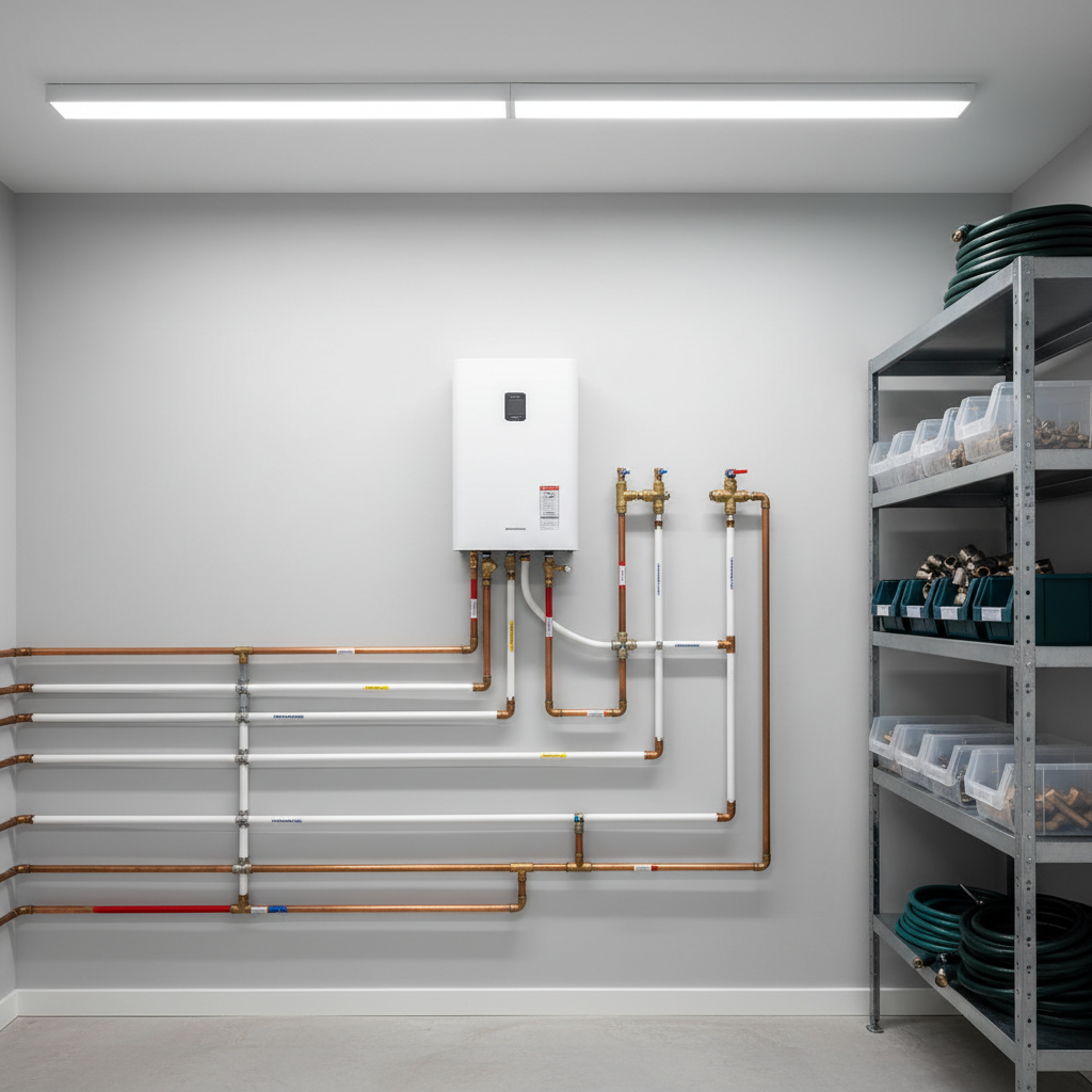 An open, well-organized utility room featuring a modern white tankless water heater mounted neatly on a light gray painted wall, with copper and PEX pipes running in perfectly straight lines, clearly labeled with colored bands. A sturdy steel shelving unit holds neatly stacked plumbing fittings and coiled hoses. Overhead LED strip lights provide bright, even illumination with soft shadows under the pipes, emphasizing order and professionalism. Captured from a slightly wide-angle perspective, the composition shows the entire system in sharp focus, highlighting the efficiency and cleanliness of the installation in a realistic, technical photographic style.