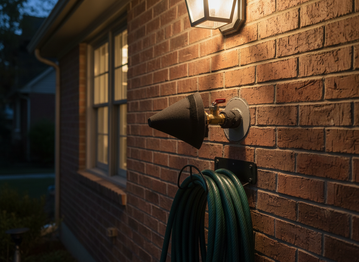 A nighttime exterior shot of a brick suburban home, focusing on a newly installed, neatly insulated outdoor hose bib and adjacent shutoff valve mounted on a clean section of wall. Freshly applied sealant forms a tidy ring where the pipe meets the brick. A coiled, heavy-duty green garden hose hangs on a robust metal holder below. Warm porch lighting from above casts a soft glow, creating gentle, elongated shadows that accentuate the clean installation. Captured at a slight side angle with moderate depth of field, the house fades softly into the background, while the plumbing fixture remains in crisp focus, projecting reliability and attention to detail in a realistic photographic style.