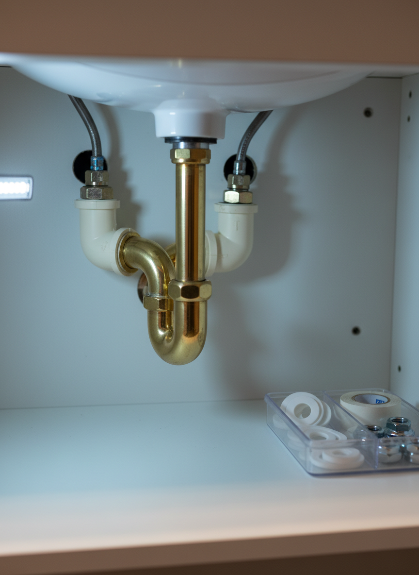 A close-up of a section of exposed PVC and copper piping beneath a bathroom sink, expertly joined with clean, precise fittings and a polished brass P-trap. The pipes run along the inside of a white cabinet with smooth surfaces and neatly drilled access holes, with a small, open plastic organizer tray containing new washers, Teflon tape, and gleaming chrome nuts. Cool, focused LED work-light illumination creates crisp highlights on metal surfaces and soft shadows within the cabinet. Shot from a low, slightly angled viewpoint with shallow depth of field, the foreground fittings in sharp focus, evoking a sense of careful, detail-oriented plumbing craftsmanship in a realistic photographic style.