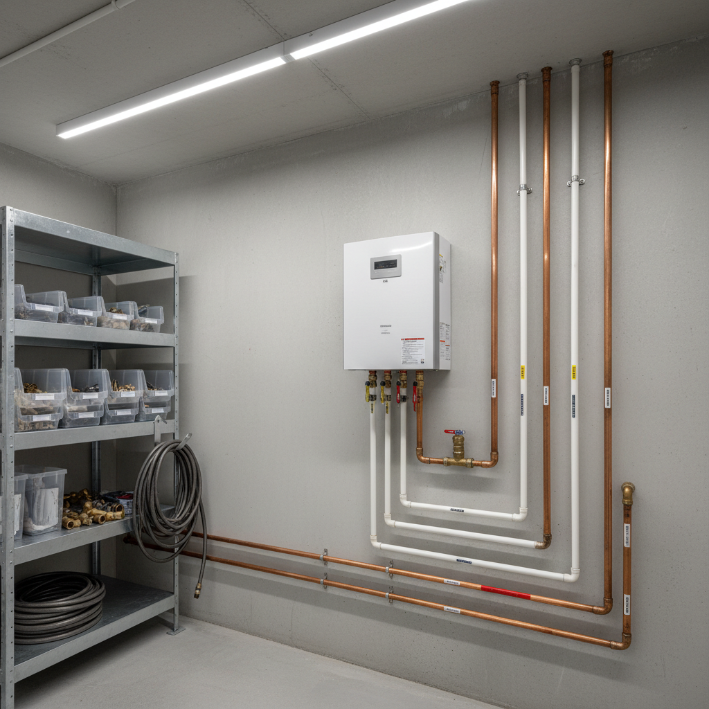 An open, well-organized utility room featuring a modern white tankless water heater mounted neatly on a light gray painted wall, with copper and PEX pipes running in perfectly straight lines, clearly labeled with colored bands. A sturdy steel shelving unit holds neatly stacked plumbing fittings and coiled hoses. Overhead LED strip lights provide bright, even illumination with soft shadows under the pipes, emphasizing order and professionalism. Captured from a slightly wide-angle perspective, the composition shows the entire system in sharp focus, highlighting the efficiency and cleanliness of the installation in a realistic, technical photographic style.