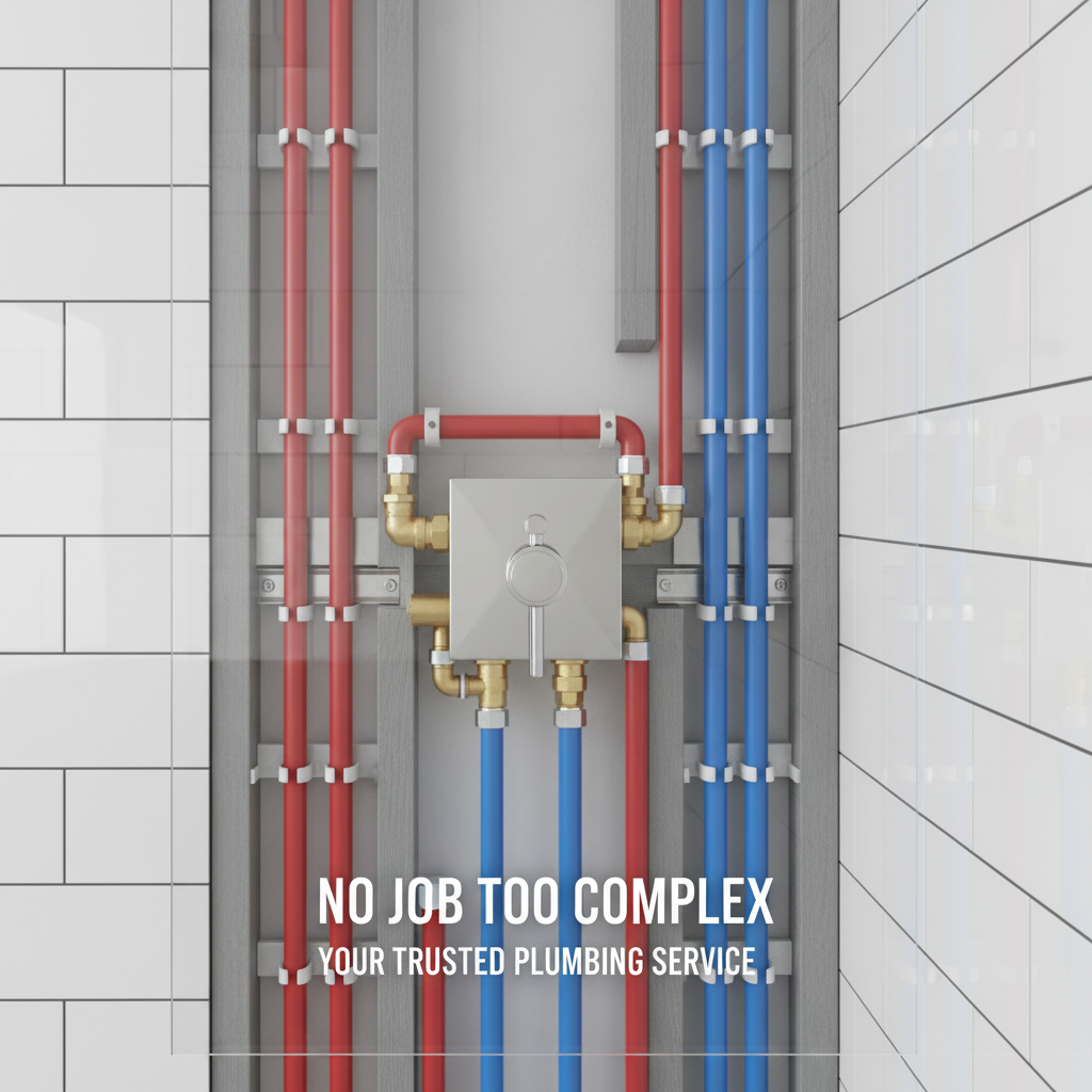 A cutaway-style view of a residential bathroom wall, revealing a meticulously arranged network of hot and cold water lines made of PEX tubing with precise 90-degree turns and neatly spaced brackets. The front-facing half-wall is rendered as if transparent, showing glossy white subway tiles and a chrome shower mixer aligned perfectly with the concealed valves. Neutral studio lighting evenly illuminates both interior pipes and exterior finishes, with minimal shadows to emphasize clarity. The camera angle is straight-on at eye level, with sharp focus across the frame, creating a technical yet approachable photographic visualization of hidden plumbing systems, ideal for explaining that no job, visible or concealed, is too complex for this plumbing service.
