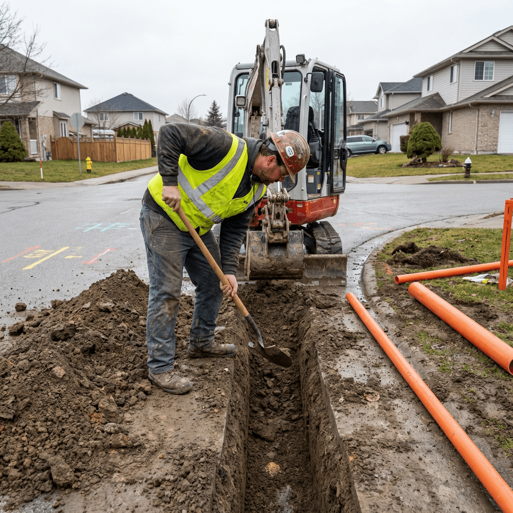 A construction worker in safety gear shovels dirt into a trench beside an excavator.