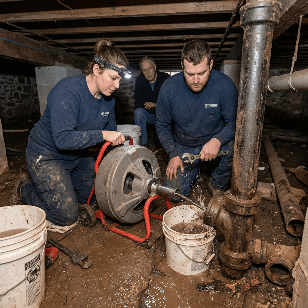 Two plumbers using a drain snake machine to clear a pipe in a basement.