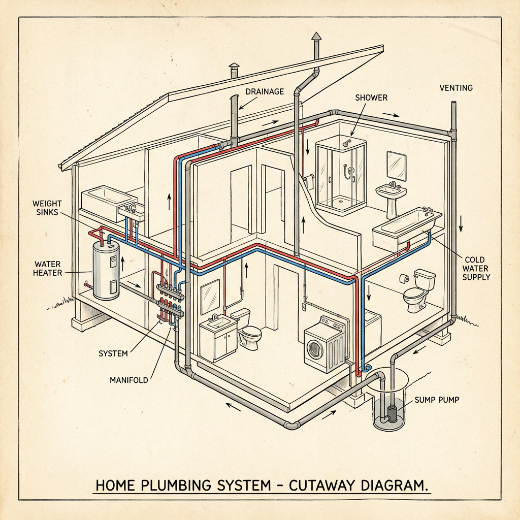 Cutaway diagram of a house showing hot and cold water supply, drainage, and venting systems.