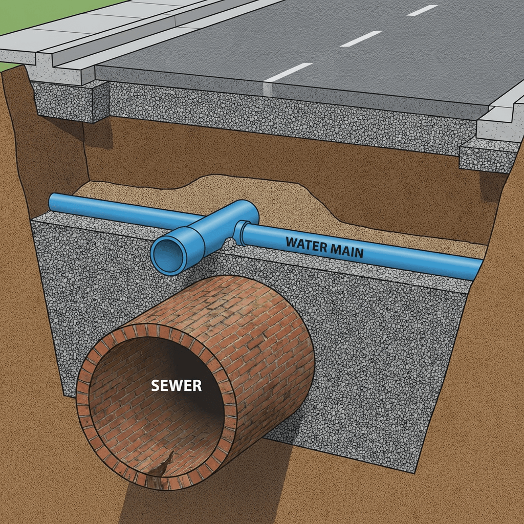 Cross-section diagram showing a blue "WATER MAIN" pipe above a large brick "SEWER" tunnel.