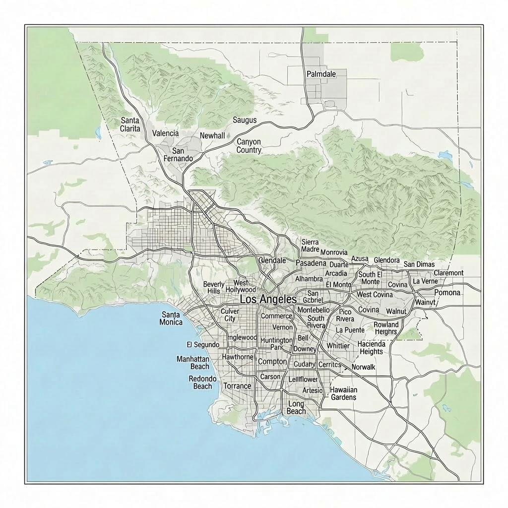 Vintage-style map titled Map of Los Angeles County, California - Circa 1920s.